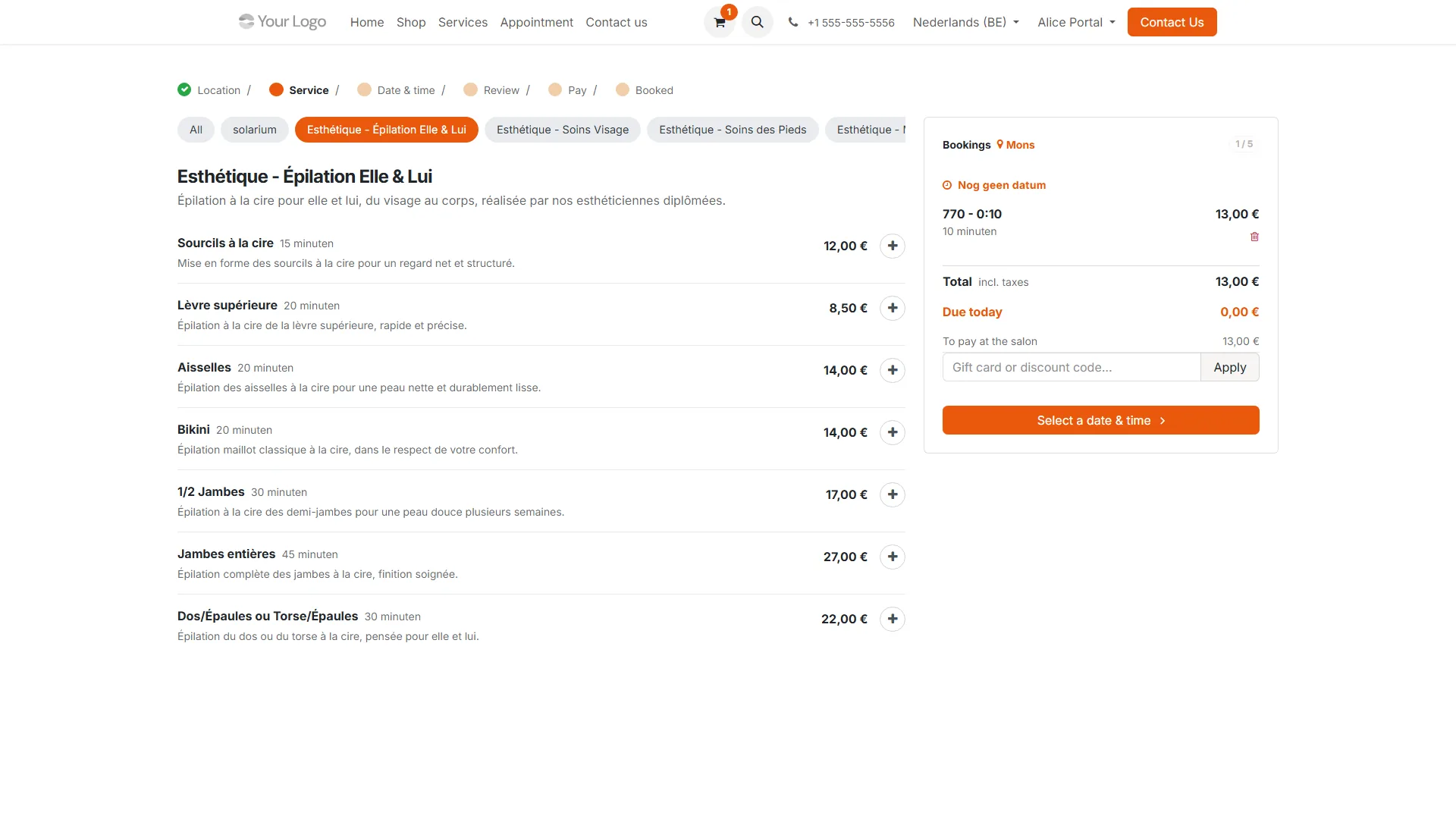 Online-Buchung: Leistung wählen