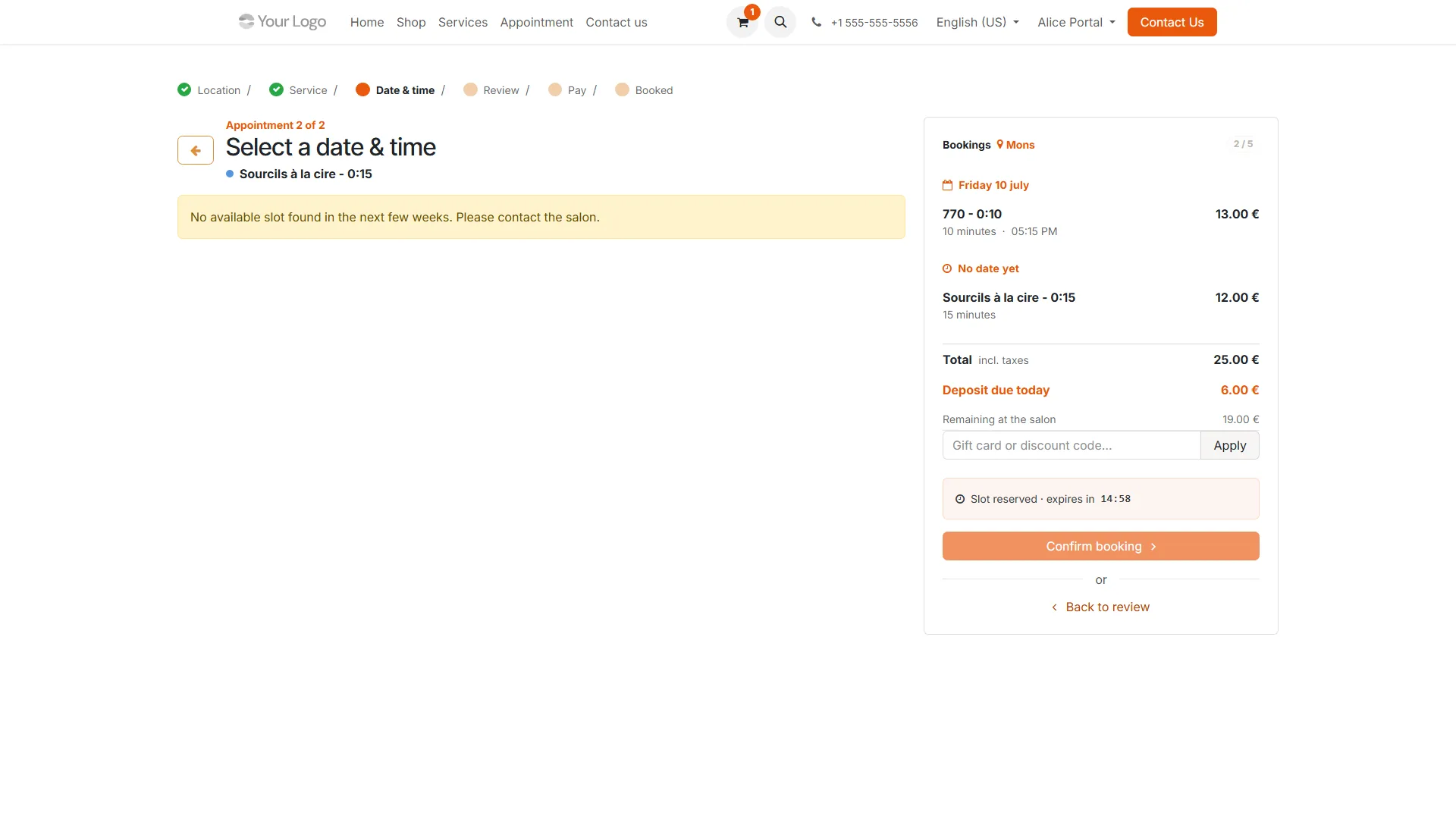 Online booking: booking summary